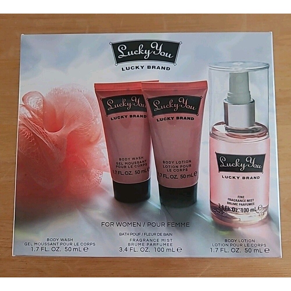 Lucky Brand Lucky You 4 Piece Gift Set Perfume Lotion Body Wash Pouf
